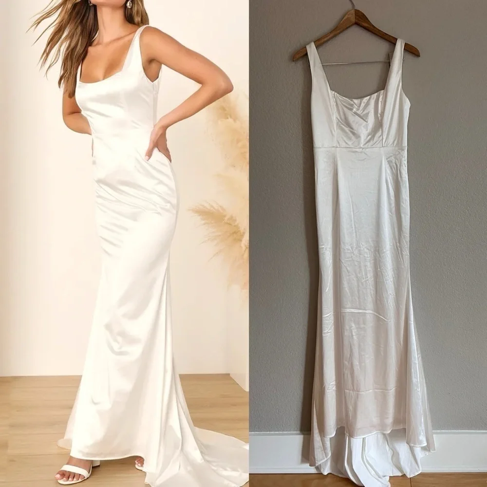 Sensational Promise White Satin Square Neck Mermaid Maxi Dress